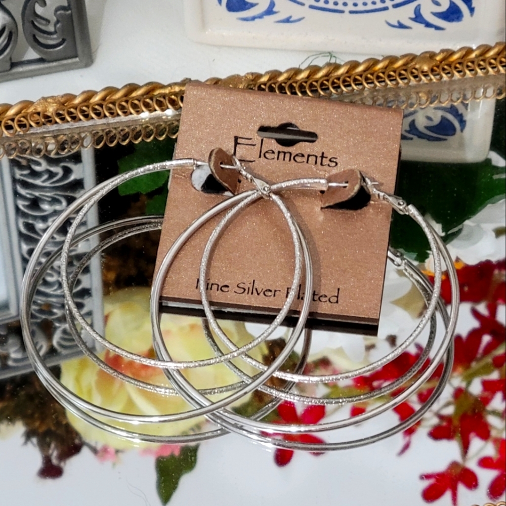 Elements sterling silver 925 plated earrings Large Layered Silver hoops